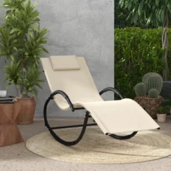 Costway 1/2 PCS Outdoor Rocking Lounge Chair With Removable Headrest Breathable Backrest & Seat Beige