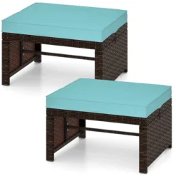 Costway 2 PCS Patio PE Rattan Ottomans With Soft Zippered Cushions For Deck Outdoor White/Navy/Red/Turquoise -Costway GUEST 1c5ac0ac ace0 46e3 a79d cda43f1c46d7