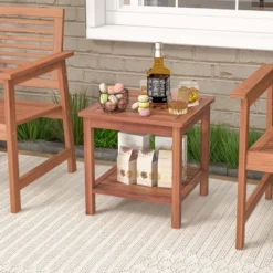 Costway Patio Acacia Wood Side Table 2-Tier Square End Table Porch Poolside Natural