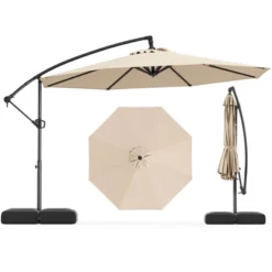 Costway 10 FT Offset Hanging Umbrella With Base Patio Cantilever Umbrella 360° Rotation Brown/Turquoise/Beige/Gray/Red -Costway GUEST 1d4f81da b70c 4cab 9a43 6aa9c2f02ca0
