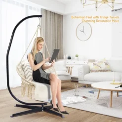 Costway Hanging Hammock Chair Macrame Swing Handwoven Cotton Backrest Garden Grey Black -Costway GUEST 1d7f9dac 135e 4d9b 809a 02248aefb326