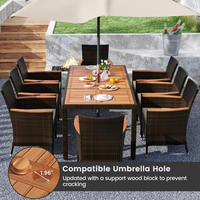 Costway 9PCS Patio Rattan Dining Set Armrest Cushioned Chair With Acacia Wood Table, 1.96" Umbrella Hole 7 Costway 9PCS Patio Rattan Dining Set Armrest Cushioned Chair With Acacia Wood Table, 1.96" Umbrella Hole - Image 5