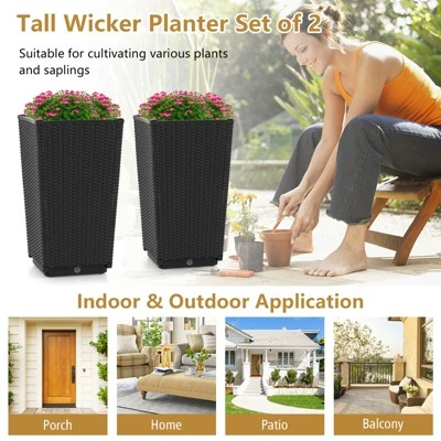 Costway 2PCS Outdoor Wicker Flower Pot 22.5''Tall Planters With Drainage Hole Black/Coffee 10 Costway 2PCS Outdoor Wicker Flower Pot 22.5''Tall Planters With Drainage Hole Black/Coffee - Image 8