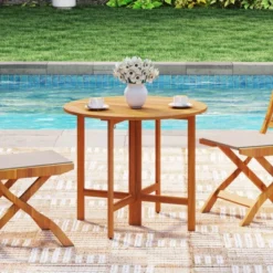 Costway 2PCS 36" Outdoor Folding Round Dining Table With Slatted Tabletop For Backyard -Costway GUEST 1e7cc3f9 605f 457a 9d15 a9d18af7bb7a 1