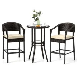 Costway 3 PCS Patio Rattan Bar Set Wicker Armchairs & Round Table With Tempered Glass Top -Costway GUEST 1fd2a576 bfea 494a b472 0c1398dfab6d