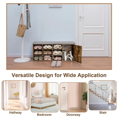 Costway Shoe Bench W/Padded Cushion 9-cube Adjustable Storage Shoe Rack Rustic Brown 9 Costway Shoe Bench W/Padded Cushion 9-cube Adjustable Storage Shoe Rack Rustic Brown - Image 7