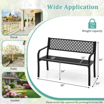 Costway 50" Outdoor Garden Bench With Geometric Lattice Backrest Armrests And Slatted Seat Black/Gray 4 Costway 50" Outdoor Garden Bench With Geometric Lattice Backrest Armrests And Slatted Seat Black/Gray - Image 2