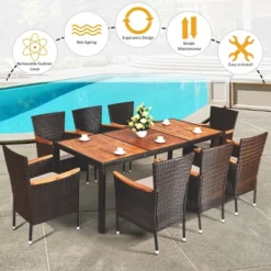Costway 9PCS Patio Rattan Dining Set 8 Chairs Cushioned Acacia Table Top -Costway GUEST 245ab3f1 9065 4d7b b56d fed258619445