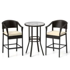 Costway 3 PCS Patio Rattan Bar Set Wicker Armchairs & Round Table With Tempered Glass Top