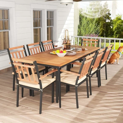Costway 9 PCS Patio Dining Set 79" Rectangle Dining Tables With 8 Wooden Armchairs 4 Costway 9 PCS Patio Dining Set 79" Rectangle Dining Tables With 8 Wooden Armchairs - Image 2