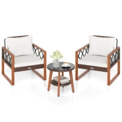 Costway 3 PCS Patio PE Wicker Furniture Set With Solid Acacia Wood Frame & Cushions