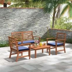 Costway 4 PCS Outdoor Furniture Set With Soft Seat Cushions Stable Acacia Wood Frame White/Navy/Gray -Costway GUEST 265198e9 8c18 4068 80b4 c84be75d87c9