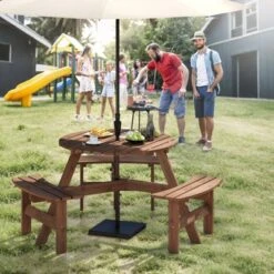 Costway 6-Person Round Picnic Table Set With 3 Built-in Benches 2" Umbrella Hole, Brown/Yellow -Costway GUEST 268af1a6 4094 40c3 83dd fb5b3bf63983