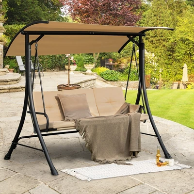 Costway 3-Seat Outdoor Porch Swing Adjustable Canopy Padded Cushions Steel Frame BeigeBlack 3 Costway 3-Seat Outdoor Porch Swing Adjustable Canopy Padded Cushions Steel Frame BeigeBlack