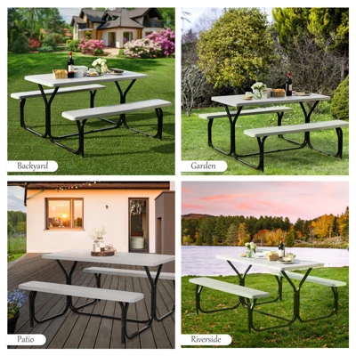 Costway Picnic Table Bench Set Outdoor Backyard Patio Garden Party Dining All Weather White 6 Costway Picnic Table Bench Set Outdoor Backyard Patio Garden Party Dining All Weather White - Image 4