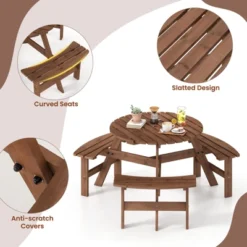 Costway 6-Person Round Picnic Table Set With 3 Built-in Benches 2" Umbrella Hole, Brown/Yellow -Costway GUEST 278509bd 3b16 4556 8286 adf71ed7d86f