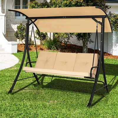 Costway 3-Seat Outdoor Porch Swing Adjustable Canopy Padded Cushions Steel Frame BeigeBlack 4 Costway 3-Seat Outdoor Porch Swing Adjustable Canopy Padded Cushions Steel Frame BeigeBlack - Image 2