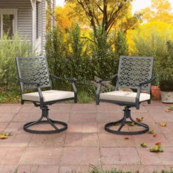 Costway 2 PCS Outdoor Swivel Chairs Patio Dining Chairs With Padded Cushions High Back Beige/Navy