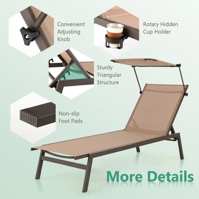 Costway Outdoor Chaise Lounge Chair With Sunshade 6-Level Adjustable Recliner Backyard 9 Costway Outdoor Chaise Lounge Chair With Sunshade 6-Level Adjustable Recliner Backyard - Image 7