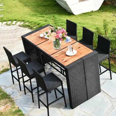 COSTWAY 7 PCS Patio Rattan Wicker Bar Dining Furniture Set Wood Table Top 6 Stools 3 COSTWAY 7 PCS Patio Rattan Wicker Bar Dining Furniture Set Wood Table Top 6 Stools