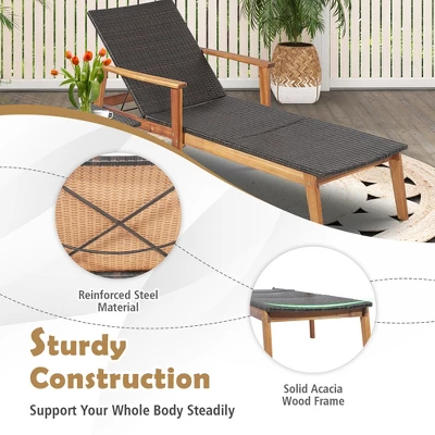 Costway 2PCS Patio Rattan Lounge Chair Chaise Recliner Wood Back Adjust W/Folding Table 8 Costway 2PCS Patio Rattan Lounge Chair Chaise Recliner Wood Back Adjust W/Folding Table - Image 6
