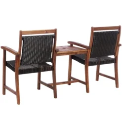 Costway 2-Seat Patio Rattan Bench Acacia Wood Frame Table W/Umbrella Hole Deck -Costway GUEST 2960e10e 33a1 4645 9be9 875315bcb426