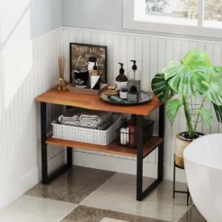 Costway 2-Tier Teak Bathroom Storage Shelf Freestanding Wooden Bookshelf For Living Room