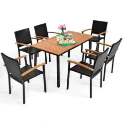 Costway 7 PCS Patio Rattan Dining Set Acacia Wood Table Top Stackable Chair