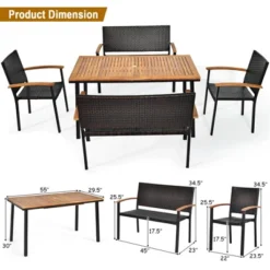 Costway 5PC Patio Rattan Dining Set Acacia Wood Table Top Stackable Chair Bench