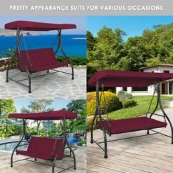 Costway Converting Outdoor Swing Canopy Hammock 3 Seats Patio Deck Furniture Wine Red -Costway GUEST 2b84182b 4e87 418c 98fe 03669b8af068