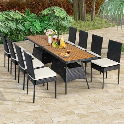 Costway 10 PCS Patio Rattan Dining Set Rectangular Wood Top Tables Cushioned Chair Garden 3 Costway 10 PCS Patio Rattan Dining Set Rectangular Wood Top Tables Cushioned Chair Garden