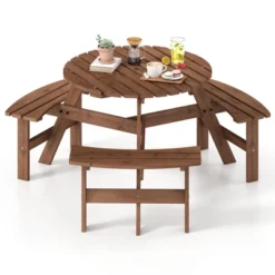 Costway 6-Person Round Picnic Table Set With 3 Built-in Benches 2" Umbrella Hole, Brown/Yellow