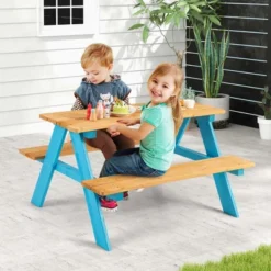 Kids Picnic Table Set Children Outdoor Wooden Table With Bench Seats Backyard