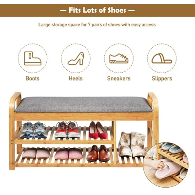 Costway Shoe Rack Entryway 3-Tier Bamboo Shoe Bench Organizer W/Cushion Modern Stool 9 Costway Shoe Rack Entryway 3-Tier Bamboo Shoe Bench Organizer W/Cushion Modern Stool - Image 7