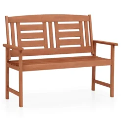 Costway Outdoor Solid Wood Loveseat With Inclined Backrest & Slatted Seat Teak Painting