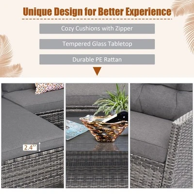 Costway 4PCS Patio Rattan Furniture Set Cushioned Loveseat Table Shelf Gray 8 Costway 4PCS Patio Rattan Furniture Set Cushioned Loveseat Table Shelf Gray - Image 6
