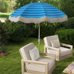 Costway 6.5 FT Outdoor Fringe Patio Umbrella With Carrying Bag Push Button Tilt For Garden White/Navy/Green -Costway GUEST 2ebf5211 a1b2 489b a630 5443be720004
