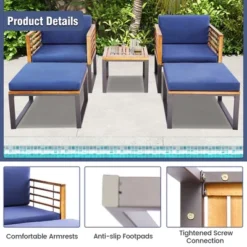 Costway 5pcs Patio Acacia Wood Cushioned Chair Ottoman Table Furniture Set Outdoor Navy -Costway GUEST 2ee3f66a c44c 4bea 96a3 aecdfedcd123