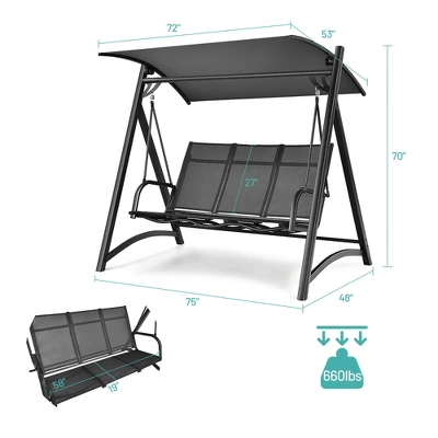 Costway Outdoor 3-Person Porch Swing Chair Aluminum Frame Adjust Canopy Patio 5 Costway Outdoor 3-Person Porch Swing Chair Aluminum Frame Adjust Canopy Patio - Image 3