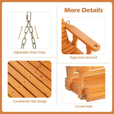 Costway Porch Swing Wood Outdoor Patio Hanging Bench Chair For Garden Backyard White/Brown 9 Costway Porch Swing Wood Outdoor Patio Hanging Bench Chair For Garden Backyard White/Brown - Image 7