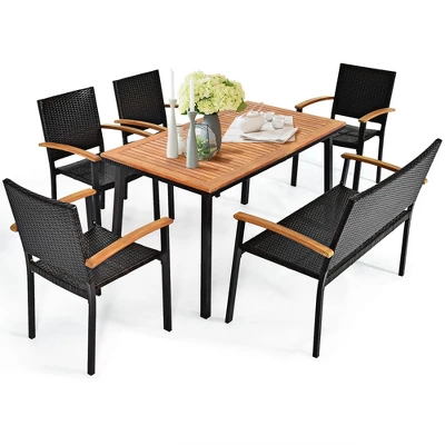 Costway 6 PCS Patio Rattan Dining Set Acacia Wood Table Stackable Chair Bench 4 Costway 6 PCS Patio Rattan Dining Set Acacia Wood Table Stackable Chair Bench - Image 2