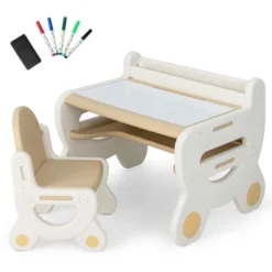 Costway Kids Drawing Table & Chair Set For Reading Playing With Pens & Blackboard Eraser Blue/Brown -Costway GUEST 3582cdaf 6678 40e3 97cc 6aa66a510e0c