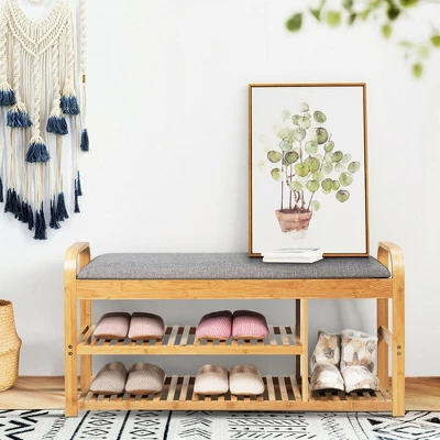 Costway Shoe Rack Entryway 3-Tier Bamboo Shoe Bench Organizer W/Cushion Modern Stool 4 Costway Shoe Rack Entryway 3-Tier Bamboo Shoe Bench Organizer W/Cushion Modern Stool - Image 2