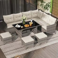 Costway 7 PCS Patio Dining Furniture Set PE Rattan Sectional Sofa Set With Soft Cushions White/Black/Blue/Gray -Costway GUEST 35b0446a cc3a 4f1e 88f3 12394525205b