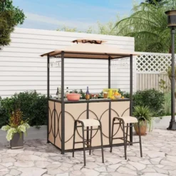 Costway 3 PCS Patio Bar Set With Tempered Glass Bar Table Metal Storage Shelves For Garden Brown/Grey
