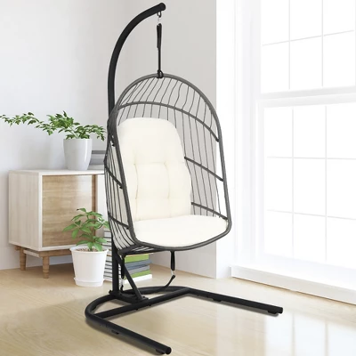 Costway Hanging Wicker Egg Chair W/ Stand Cushion Foldable Outdoor Indoor 13 Costway Hanging Wicker Egg Chair W/ Stand Cushion Foldable Outdoor Indoor - Image 11