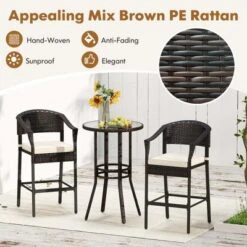 Costway 3 PCS Patio Rattan Bar Set Wicker Armchairs & Round Table With Tempered Glass Top -Costway GUEST 369cb195 6ff9 4228 b905 3694d405f4b2