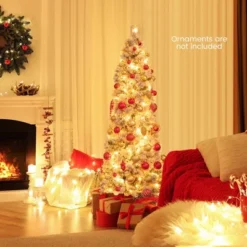 Costway 4.5 FT/6FT/7FT Pre-Lit Slim Christmas Tree Flocked Decoration With Pine Needles & Lights