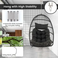 Costway Hanging Egg Chair Wicker Swing Hammock Chair With Head Pillow & Seat Cushion Gray -Costway GUEST 377ccd73 a5ba 4e77 a50e cabee410626e