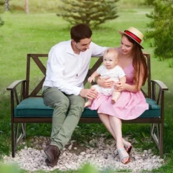 Costway Outdoor Garden Park Bench With Padded Cushion Wood Grain Coated Heavy Duty Frame -Costway GUEST 37bdcf38 72b1 43f6 9f08 3c686e5ec3e7